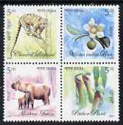 India 2005 Flora & Fauna perf se-tenant block of 4 unmounted mint, SG 2260-63, stamps on animals, stamps on cats, stamps on leopards, stamps on flowers, stamps on 
