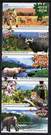 India 2007 National Park perf se-tenant strip of 5 unmounted mint , stamps on animals, stamps on cats, stamps on tigers, stamps on elephants, stamps on buffalo, stamps on bovine, stamps on rhinos, stamps on national parks, stamps on parks