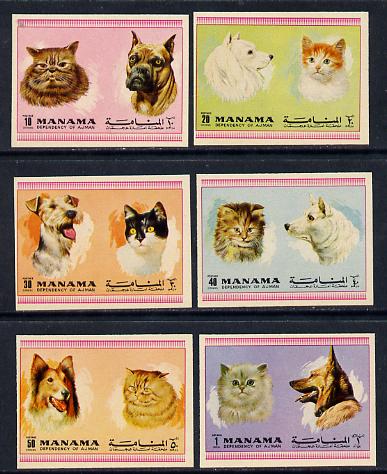 Manama 1972 Cats & Dogs imperf set of 6 unmounted mint (Mi 869-74B) , stamps on , stamps on  stamps on animals, stamps on  stamps on cats, stamps on  stamps on dogs