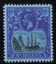 St Helena 1922-37 KG5 Badge 15s,  'Maryland' perf forgery 'unused' as SG 113 - the word Forgery is either handstamped or printed on the back and comes on a presentation card with descriptive notes, stamps on , stamps on  stamps on maryland, stamps on  stamps on forgery, stamps on  stamps on forgeries, stamps on  stamps on , stamps on  stamps on  kg5 , stamps on  stamps on , stamps on  stamps on ships