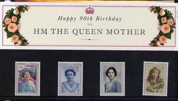 Great Britain 1990 Queen Mother 90th Birthday, set of 4 in official presentation pack, SG 1507-10, stamps on , stamps on  stamps on royalty, stamps on  stamps on queen mother