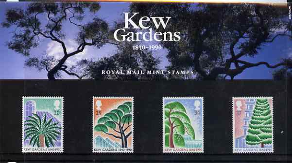 Great Britain 1990 Kew Gardens 150th Anniversary set of 4 in official presentation pack, SG 1502-05, stamps on flowers, stamps on trees, stamps on parks