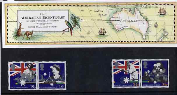 Great Britain 1988 Bicentenary of Australian Settlement set of 4 (2 se-tenant pairs) in official presentation pack, SG 1396-99, stamps on , stamps on  stamps on cricket, stamps on  stamps on tennis, stamps on  stamps on flags, stamps on  stamps on shakespeare, stamps on  stamps on music, stamps on  stamps on london, stamps on  stamps on ships, stamps on  stamps on beatles