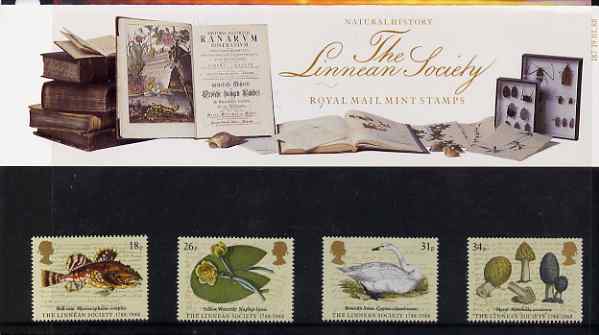 Great Britain 1988 Bicentenary of Linnean Society set of 4 in official presentation pack, SG 1380-83, stamps on fish, stamps on flowers, stamps on birds, stamps on fungi