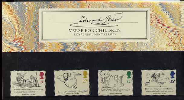Great Britain 1988 Death Centenary of Edward Lear (Artist & Author) set of 4 in official presentation pack SG 1405-08, stamps on , stamps on  stamps on arts, stamps on cats, stamps on literature, stamps on books, stamps on death, stamps on honey