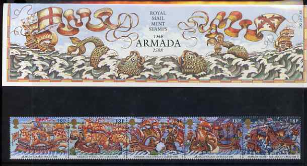 Great Britain 1988 Spanish Armada 400th Anniversary strip of 5 in official presentation pack SG 1400a, stamps on , stamps on  stamps on ships, stamps on history, stamps on drake