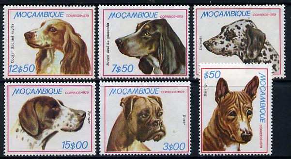 Mozambique 1979 Dogs set of 6 unmounted mint SG 785-90, stamps on , stamps on  stamps on animals  dogs    dalmation    basenji   boxer    pointer   cocker-spaniel