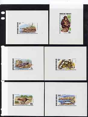 Togo 1977 Endangered Wildlife set of 6 individual deluxe die proofs in issued colours as SG 1216-21, stamps on , stamps on  stamps on animals, stamps on  stamps on  wwf , stamps on  stamps on crocodiles, stamps on  stamps on apes, stamps on  stamps on leopards, stamps on  stamps on cats