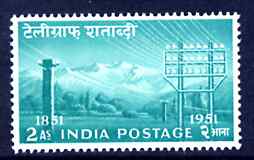 India 1953 Centenary of Indian Telegraphs 2a blue-green unmounted mint SG 346, stamps on telegraphs, stamps on communications