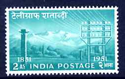 India 1953 Centenary of Indian Telegraphs 2a blue-green unmounted mint SG 346, stamps on , stamps on  stamps on telegraphs, stamps on  stamps on communications