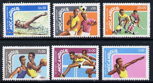 Mozambique 1980 Stamp Day (Sports) set of 6 (Football, Shot, Hurdling, Basketball, Swimming, Roller-skate Hockey) unmounted mint SG 729-34, stamps on football  postal  sport  swimming    hockey   shot   basketball   skating   hurdling    roller-skate