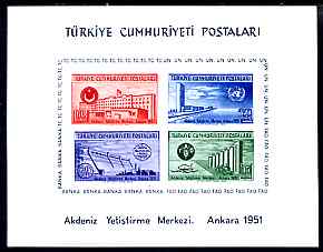 Turkey 1951 United Nations Economic Conference imperf m/sheet with red shifted to left, unmounted mint, SG 1468a, stamps on , stamps on  stamps on united nations, stamps on  stamps on education, stamps on  stamps on dams, stamps on  stamps on finance, stamps on  stamps on food