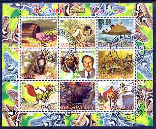 Malawi 2007 Disny & Fauna #1 perf sheetlet containing 8 values plus label fine cto used, stamps on disney, stamps on animals, stamps on birds, stamps on beavers, stamps on foxes, stamps on indians, stamps on americana, stamps on wild west, stamps on butterflies