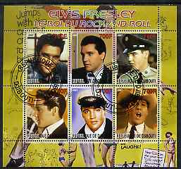 Djibouti 2007 Elvis Presley - King of Rock 'n' Roll #2 perf sheetlet containing 6 values fine cto used, stamps on films, stamps on cinema, stamps on movies, stamps on elvis, stamps on music, stamps on 