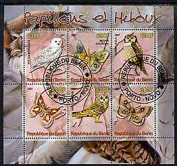 Benin 2007 Butterflies & Owls perf sheetlet containing 6 values fine cto used, stamps on butterflies, stamps on birds, stamps on birds of prey, stamps on owls