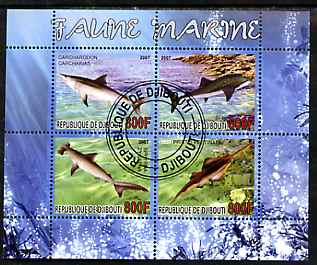 Djibouti 2007 Marine Fauna perf sheetlet containing 4 values fine cto used , stamps on marine life, stamps on fish, stamps on sharks, stamps on whales