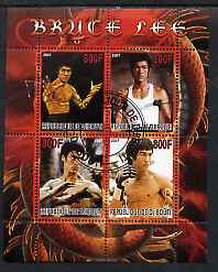 Djibouti 2007 Bruce Lee perf sheetlet containing 4 values fine cto used , stamps on personalities, stamps on sport, stamps on martial arts, stamps on films, stamps on cinema