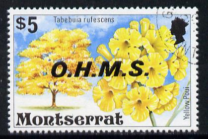 Montserrat 1976 Official $5 Yellow Poui Tree def opt'd OHMS with wmk sideways inverted (SG O15Ei) superb cds used*, stamps on trees