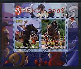 Benin 2007 Beijing Olympic Games #03 - Show Jumping (3) perf s/sheet containing 2 values (Disney characters in background) fine cto used, stamps on , stamps on  stamps on sport, stamps on  stamps on olympics, stamps on  stamps on disney, stamps on  stamps on horses, stamps on  stamps on show jumping