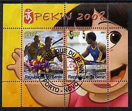 Benin 2007 Beijing Olympic Games #06 - Rowing (3) perf s/sheet containing 2 values (Disney characters in background) fine cto used, stamps on , stamps on  stamps on sport, stamps on  stamps on olympics, stamps on  stamps on rowing, stamps on  stamps on disney