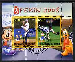 Benin 2007 Beijing Olympic Games #09 - Baseball (3) perf s/sheet containing 2 values (Disney characters in background) fine cto used, stamps on sport, stamps on olympics, stamps on disney, stamps on baseball