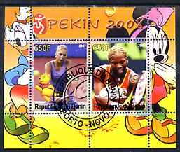 Benin 2007 Beijing Olympic Games #10 - Tennis (1) perf s/sheet containing 2 values (Disney characters in background) fine cto used, stamps on , stamps on  stamps on sport, stamps on  stamps on olympics, stamps on  stamps on disney, stamps on  stamps on tennis