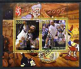 Benin 2007 Beijing Olympic Games #12 - Tennis (3) perf s/sheet containing 2 values (Disney characters in background) fine cto used, stamps on , stamps on  stamps on sport, stamps on  stamps on olympics, stamps on  stamps on disney, stamps on  stamps on tennis