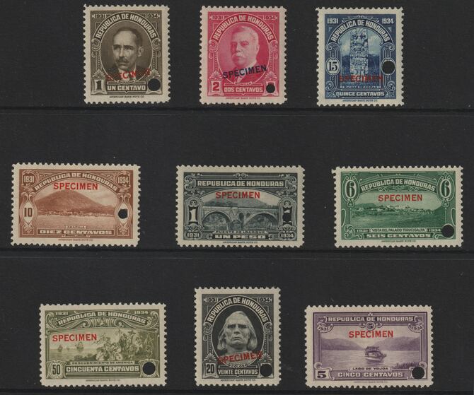 Honduras 1931 Pictorial set of 9 optd SPECIMEN each with security punch hole and superb unmounted mint (ex ABN Co archives) SG 319-27, stamps on , stamps on  stamps on honduras 1931 pictorial set of 9 optd specimen each with security punch hole and superb unmounted mint (ex abn co archives) sg 319-27