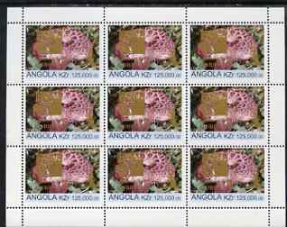 Angola 1999 Fungi 125,000k from Flora & Fauna def set complete perf sheet of 9 each opt'd in gold with France 99 Imprint with Chess Piece and inscribed Hobby Day, unmounted mint. Note this item is privately produced and is offered purely on its thematic appeal, stamps on , stamps on  stamps on fungi, stamps on  stamps on stamp exhibitions, stamps on  stamps on chess