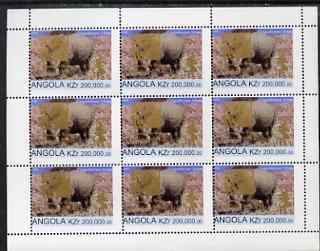 Angola 1999 Rhino 200,000k from Flora & Fauna def set complete perf sheet of 9 each opt'd in gold with France 99 Imprint with Chess Piece and inscribed Hobby Day, unmounted mint. Note this item is privately produced and is offered purely on its thematic appeal, stamps on animals, stamps on rhinos, stamps on stamp exhibitions, stamps on chess