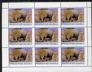 Angola 1999 Rhino 200,000k from Flora & Fauna def set complete perf sheet of 9 each opt'd in gold with France 99 Imprint with Chess Piece and inscribed Hobby Day, unmounted mint. Note this item is privately produced and is offered purely on its thematic appeal, stamps on , stamps on  stamps on animals, stamps on  stamps on rhinos, stamps on  stamps on stamp exhibitions, stamps on  stamps on chess