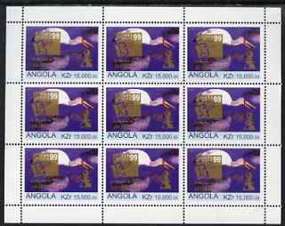 Angola 1999 Birds 15,000k from Flora & Fauna def set complete perf sheet of 9 each opt'd in gold with France 99 Imprint with Chess Piece and inscribed Hobby Day, unmounted mint, stamps on , stamps on  stamps on birds, stamps on  stamps on stamp exhibitions, stamps on  stamps on chess