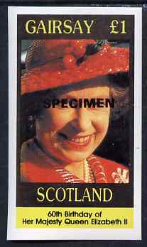 Gairsay 1986 Queen's 60th Birthday imperf souvenir sheet (A31 value) opt'd SPECIMEN unmounted mint, stamps on , stamps on  stamps on royalty, stamps on  stamps on 60th birthday