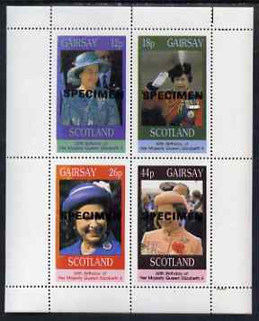 Gairsay 1986 Queens 60th Birthday perf sheetlet containing 4 values each optd SPECIMEN unmounted mint, stamps on royalty, stamps on 60th birthday