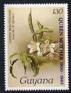 Guyana 1985-89 Orchids Series 1 plate 18 (Sanders' Reichenbachia) 130c opt'd for Queen Mother's 85th Birthday unmounted mint, SG 1536, stamps on , stamps on  stamps on orchids, stamps on  stamps on flowers, stamps on  stamps on royalty, stamps on  stamps on queen mother