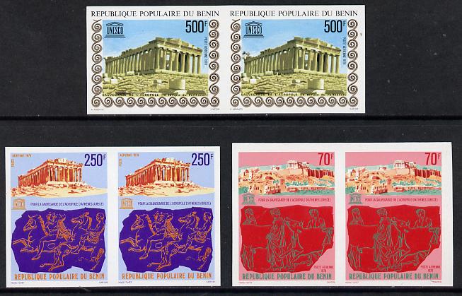 Benin 1978 UNESCO 'Acropolis' set of 3 in unmounted mint imperf pairs (as SG 713-5)*, stamps on , stamps on  stamps on buildings  history  unesco  united-nations