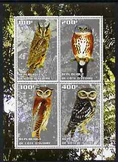 Ivory Coast 2003 Owls #1 perf sheetlet containing 4 values unmounted mint, stamps on , stamps on  stamps on birds, stamps on  stamps on birds of prey, stamps on  stamps on  owls, stamps on  stamps on 