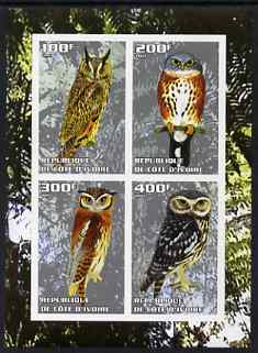 Ivory Coast 2003 Owls #1 imperf sheetlet containing 4 values unmounted mint, stamps on , stamps on  stamps on birds, stamps on  stamps on birds of prey, stamps on  stamps on  owls, stamps on  stamps on 