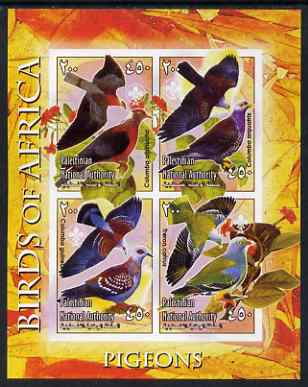 Palestine (PNA) 2005 Birds of Africa - Pigeons imperf sheetlet containing 4 values each with Scout Logo unmounted mint. Note this item is privately produced and is offered purely on its thematic appeal, stamps on birds, stamps on pigeons, stamps on scouts