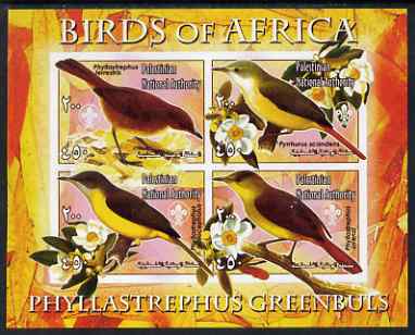 Palestine (PNA) 2005 Birds of Africa - Greenbuls imperf sheetlet containing 4 values each with Scout Logo unmounted mint. Note this item is privately produced and is offered purely on its thematic appeal, stamps on , stamps on  stamps on birds, stamps on  stamps on scouts