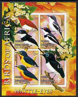 Palestine (PNA) 2005 Birds of Africa - Wattle Eyes imperf sheetlet containing 4 values each with Scout Logo unmounted mint. Note this item is privately produced and is offered purely on its thematic appeal, stamps on birds, stamps on scouts