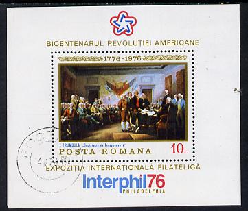 Rumania 1976 'Interphil '76' Stamp Exhibition & USA Bicentenary (Paintings) m/sheet cto used, Mi BL 130, SG MS 4196 , stamps on , stamps on  stamps on arts, stamps on  stamps on history, stamps on  stamps on personalities, stamps on  stamps on americana, stamps on  stamps on stamp exhibitions, stamps on  stamps on scots, stamps on  stamps on scotland