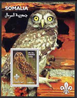 Somalia 2002 Owls #1 perf s/sheet with Scouts Logo, unmounted mint, stamps on , stamps on  stamps on birds, stamps on  stamps on birds of prey, stamps on  stamps on scouts, stamps on  stamps on owls