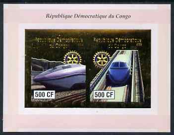 Congo 2003 High Speed Trains imperf sheetlet containing 2 x 500 CF values with embossed gold background & Rotary Logo, unmounted mint, stamps on railways, stamps on rotary