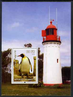 Djibouti 2004 Penguins #2 (Lighthouse in background) perf m/sheet unmounted mint, stamps on lighthouses, stamps on birds, stamps on penguins, stamps on polar