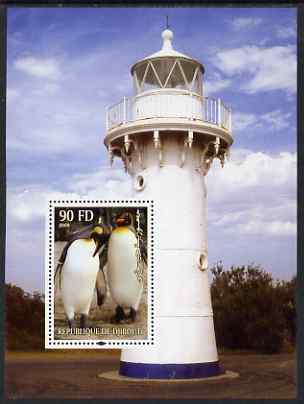 Djibouti 2004 Penguins #3 (Lighthouse in background) perf m/sheet unmounted mint, stamps on , stamps on  stamps on lighthouses, stamps on  stamps on birds, stamps on  stamps on penguins, stamps on  stamps on polar