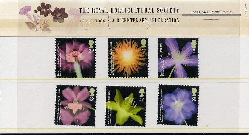 Great Britain 2004 Royal Horticultural Society Bicentenary (Flowers) perf set of 6 in official presentation pack unmounted mint SG 2456-61, stamps on flowers