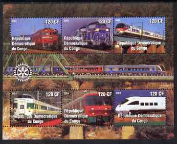 Congo 2004 Modern Trains #3 (small format) perf sheetlet containing 6 values, with Rotary Logo unmounted mint, stamps on , stamps on  stamps on railways, stamps on  stamps on rotary