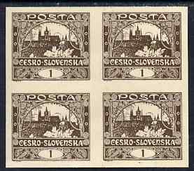 Czechoslovakia 1918-19 Hradcany Castle 1h chocolate imperf block of 4 unmounted mint but minor wrinkles, SG3, stamps on castles