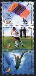 India 2007 CISM Military World Games perf se-tenant strip of 3 unmounted mint, stamps on sport, stamps on aviation, stamps on parachutes, stamps on football, stamps on swimming